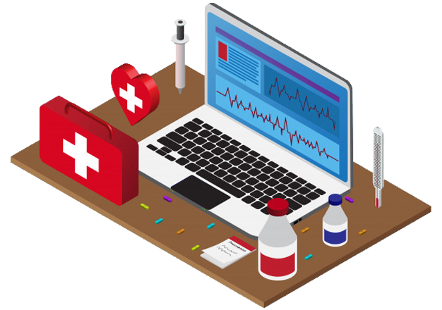 A cartoon image of an isometric health computer with first aid kit
